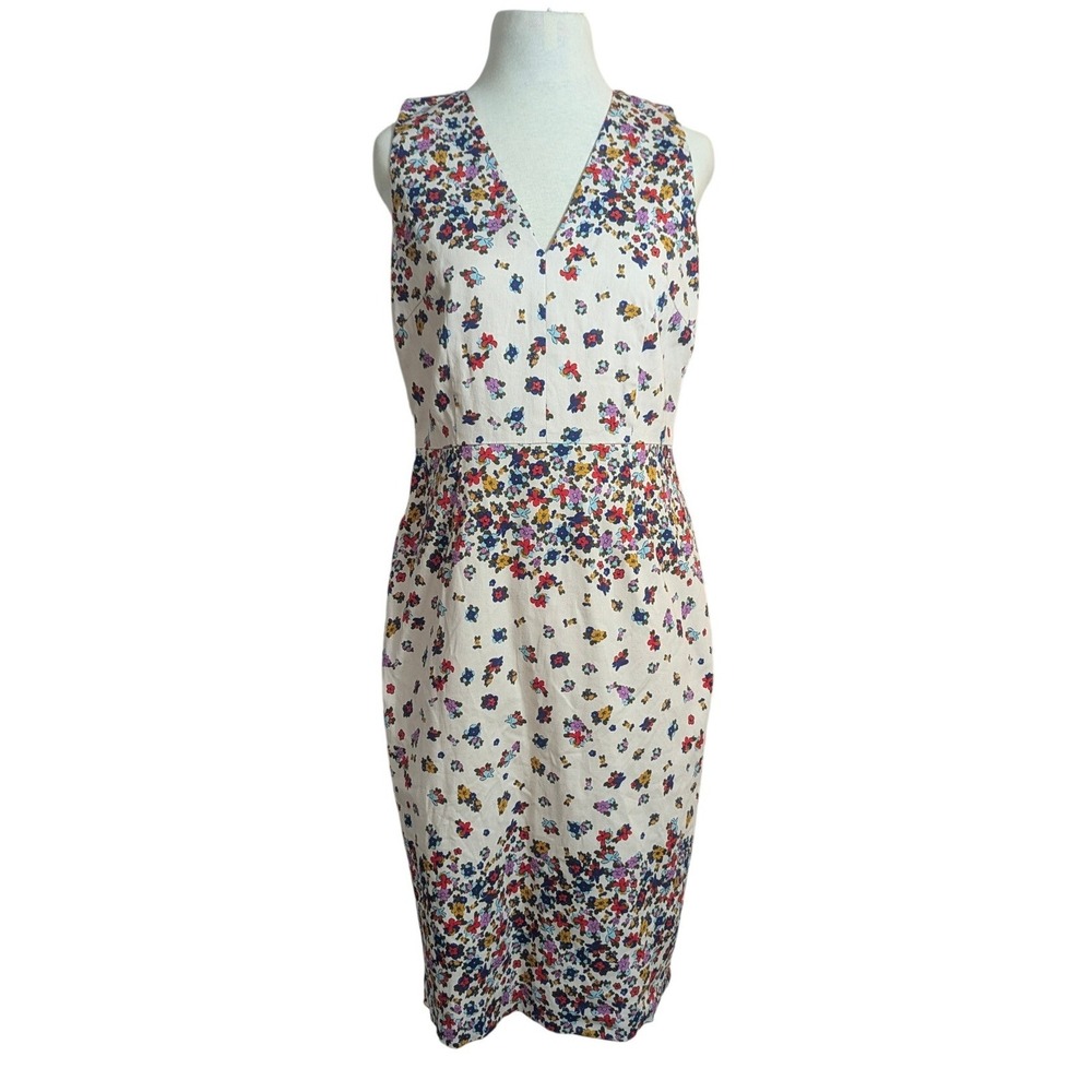 Maggy London Petite Womens 8P Floral V-Neck Sheath Dress Cream Multicolor Cotton